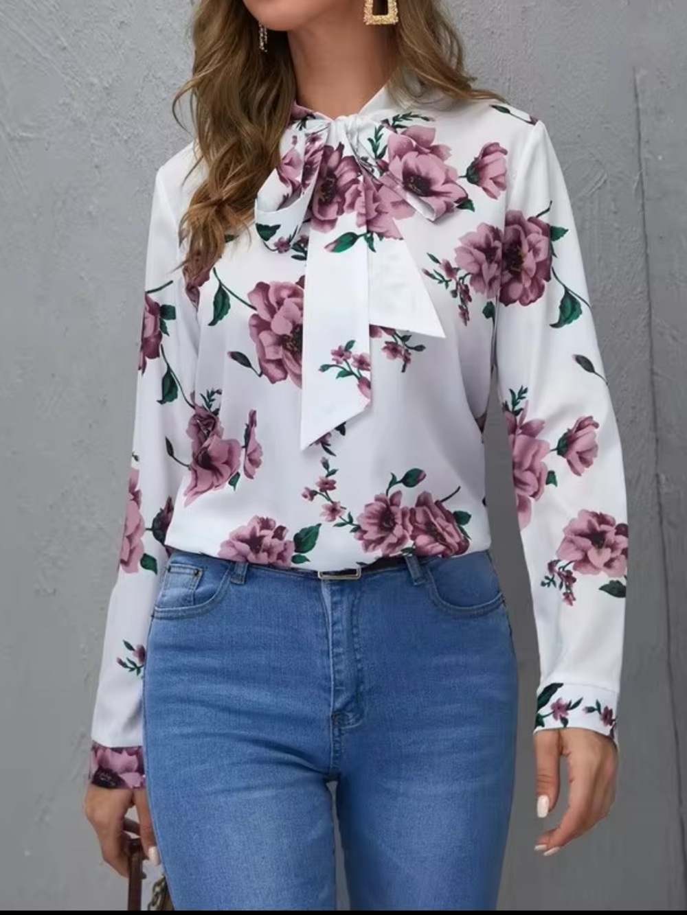 SHEIN White Blouse with Pink Floral Tie-Neck